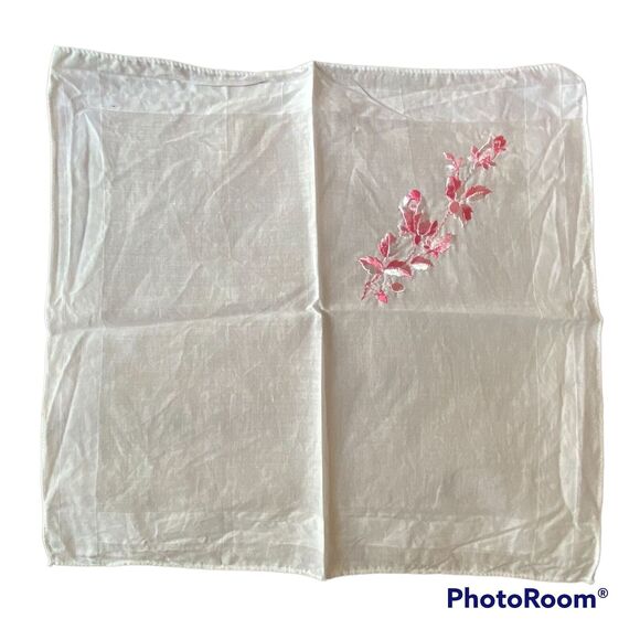 Pink Pearl Rose Bud Handkerchief Petite Point Embroidered Floral Linen Feminine - Picture 1 of 7